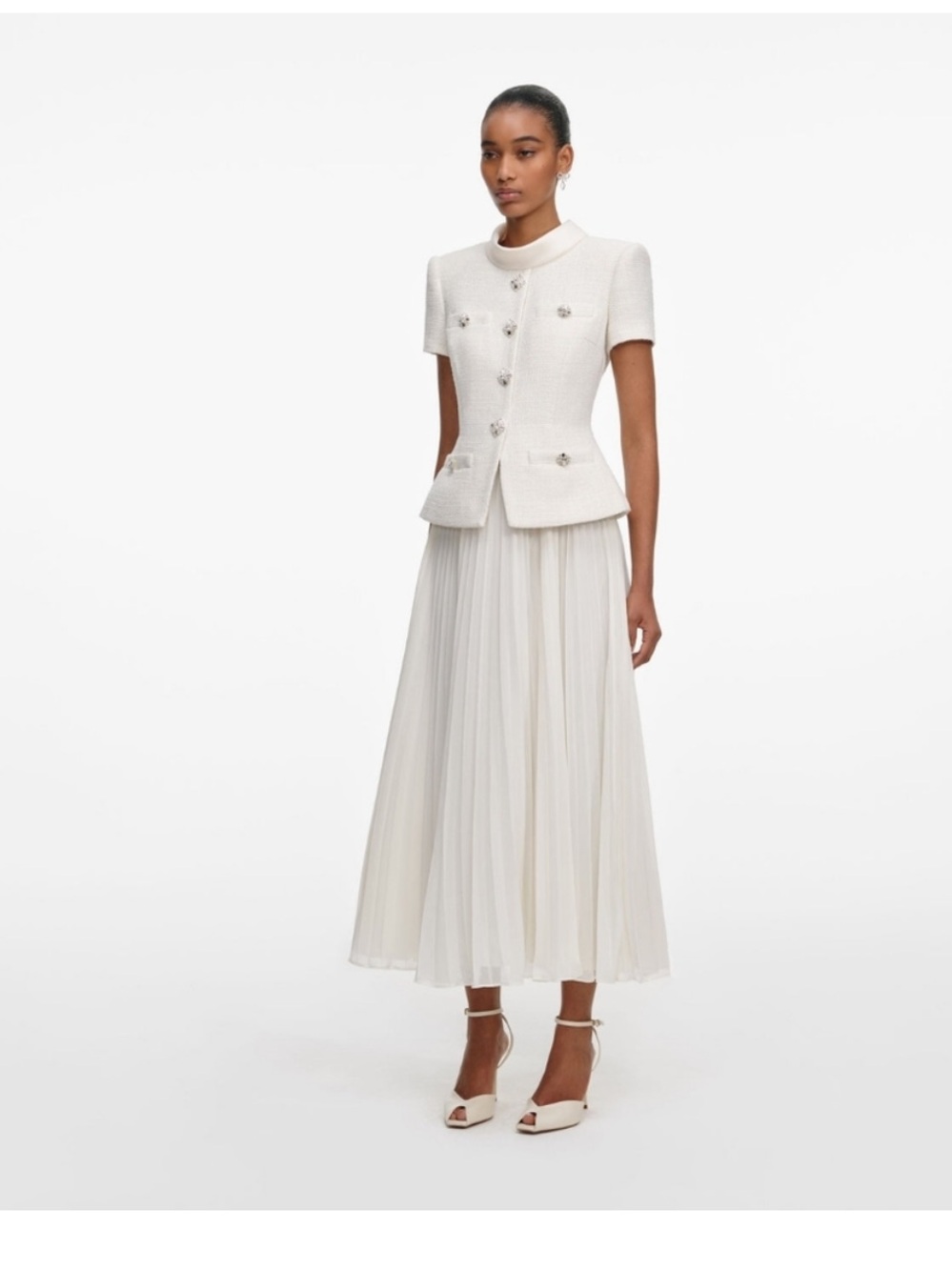 Self-Portrait Cream Boucle Collared Midi Dress